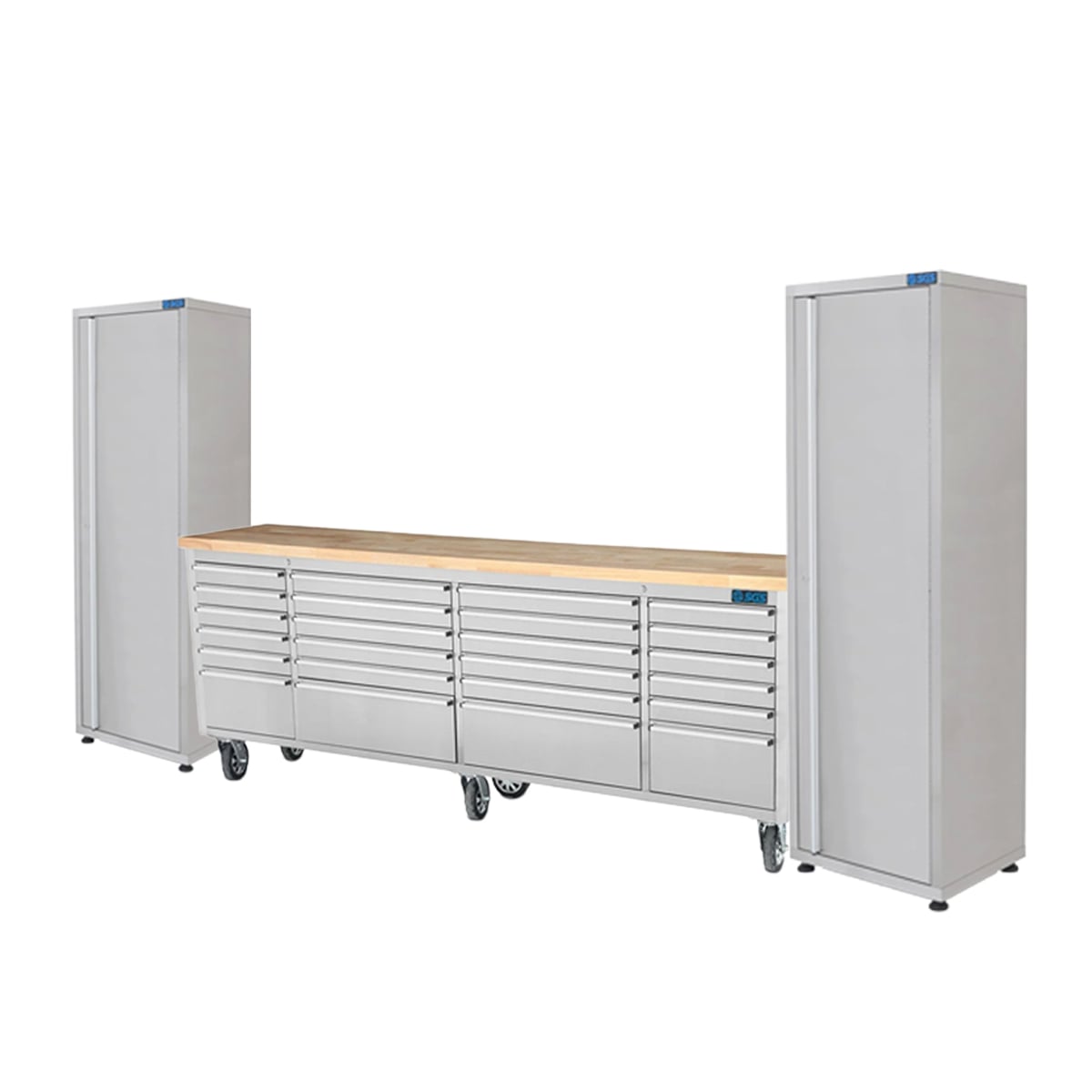 SGS 96in Stainless Steel 24 Drawer Work Bench Tool Chest Cabinet and 2x Side Cabinets